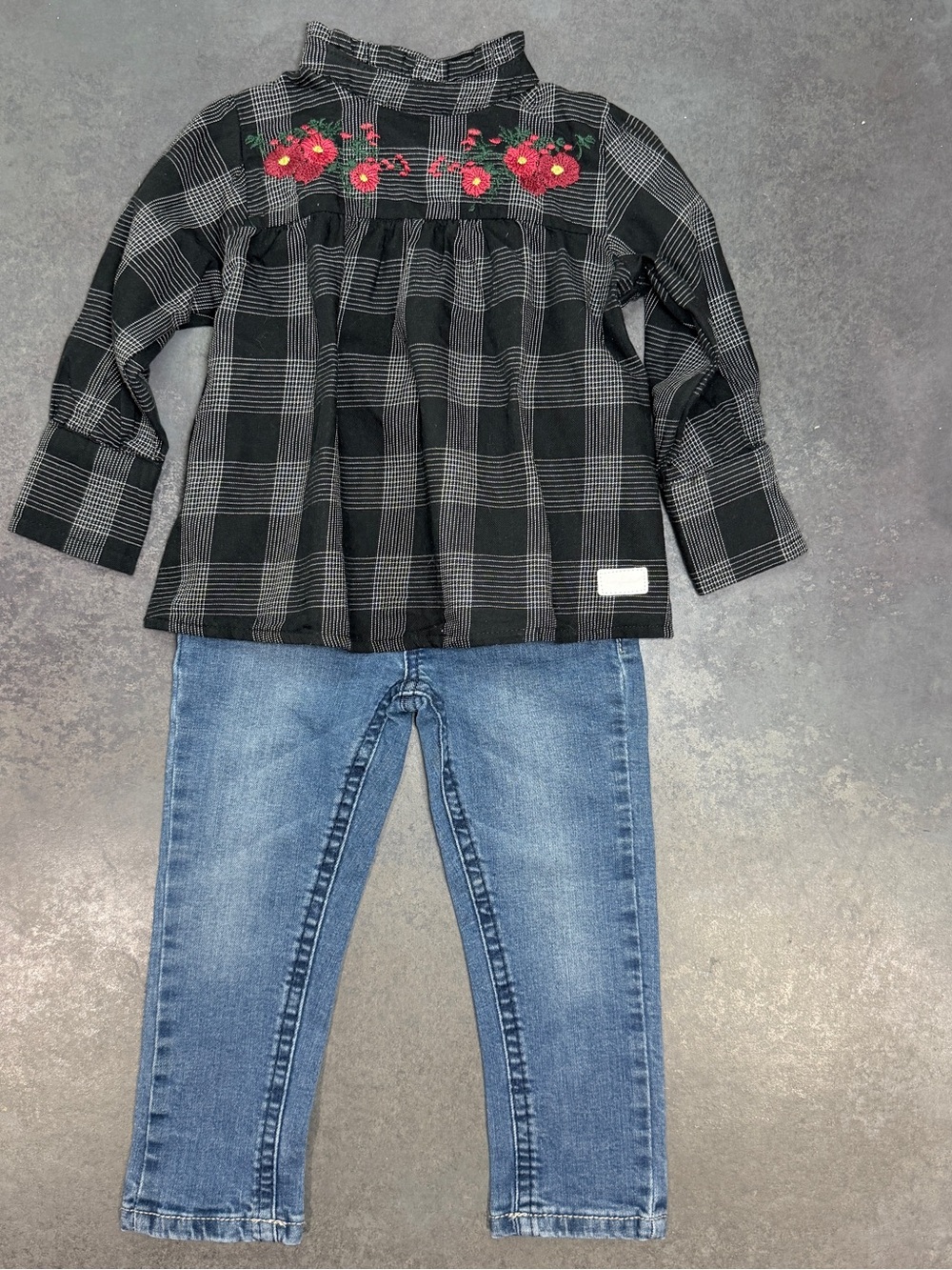 7 For All Mankind Outfit Embroidered Plaid Tunic Top & Denim Jeans Set 24M